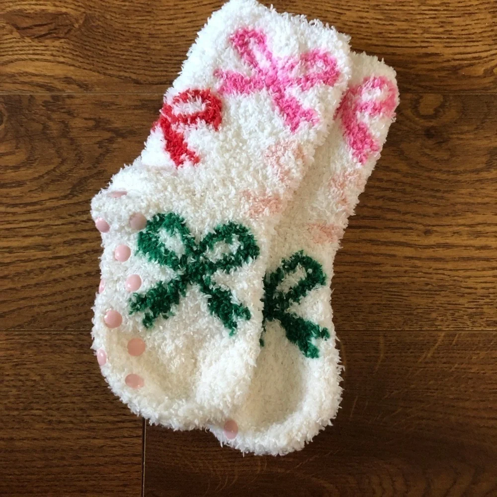 Little girls bow fuzzy non-slip socks